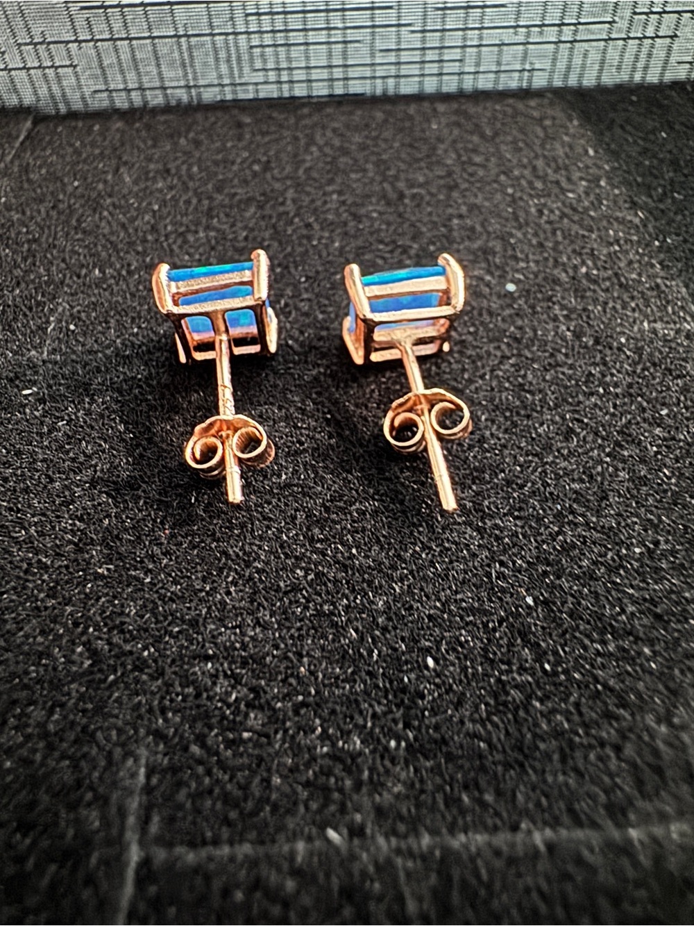 Blue Fire Opal Gemstone 925 Sterling Silver Square Stud Earrings Rose Gold - Picture 5 of 7